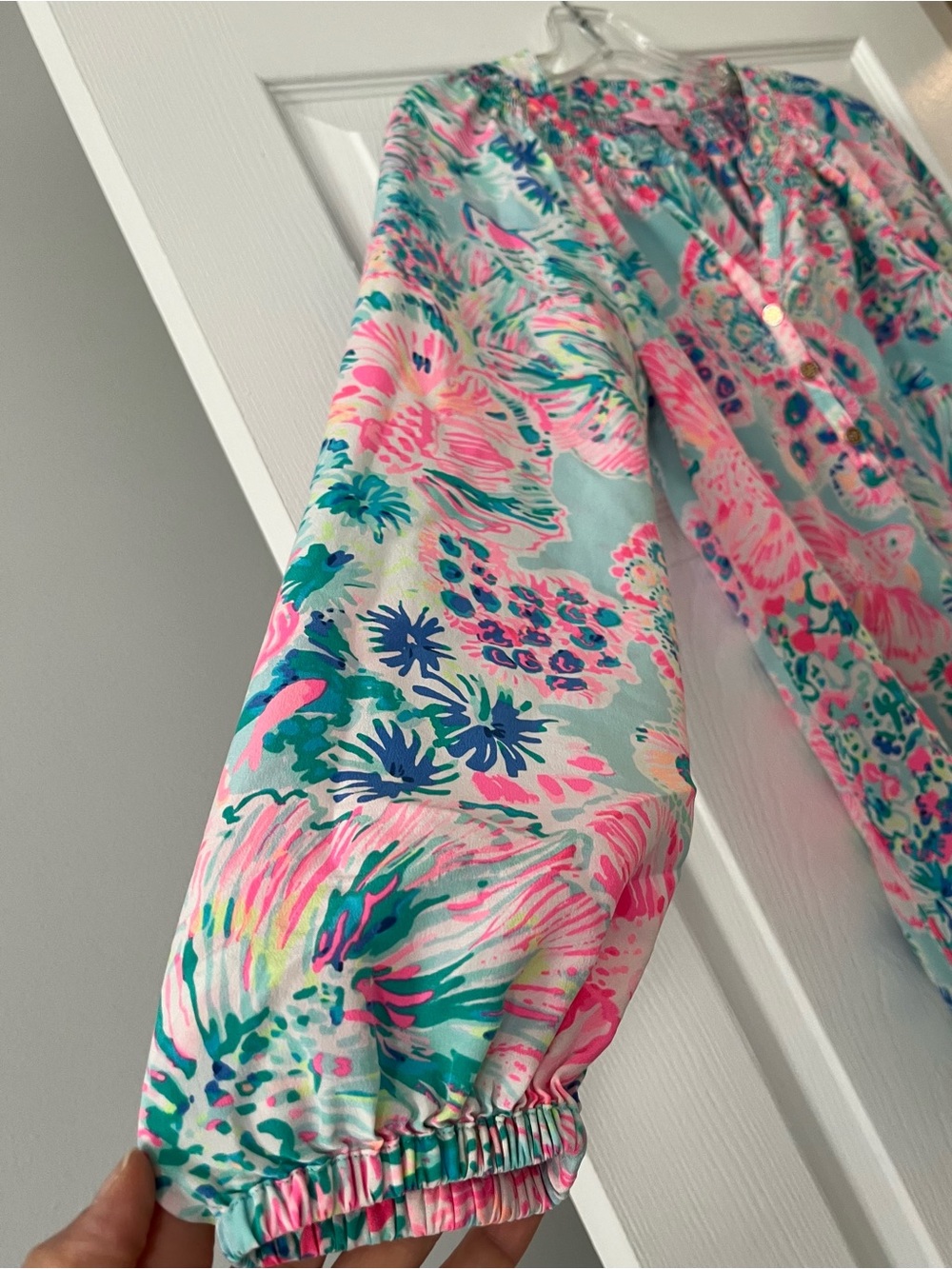 Lilly Pulitzer Pink & Aqua Floral Smocked Neck Blouse - Picture 5 of 11